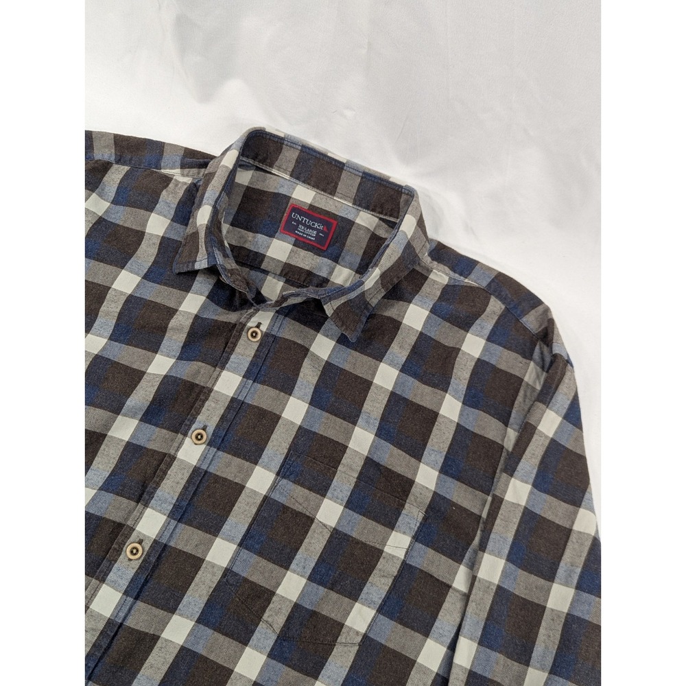 Untuckit Slim Fit Shirt Mens 2XL XXL Blue Brown Plaid Soft‎ Long Sleeves